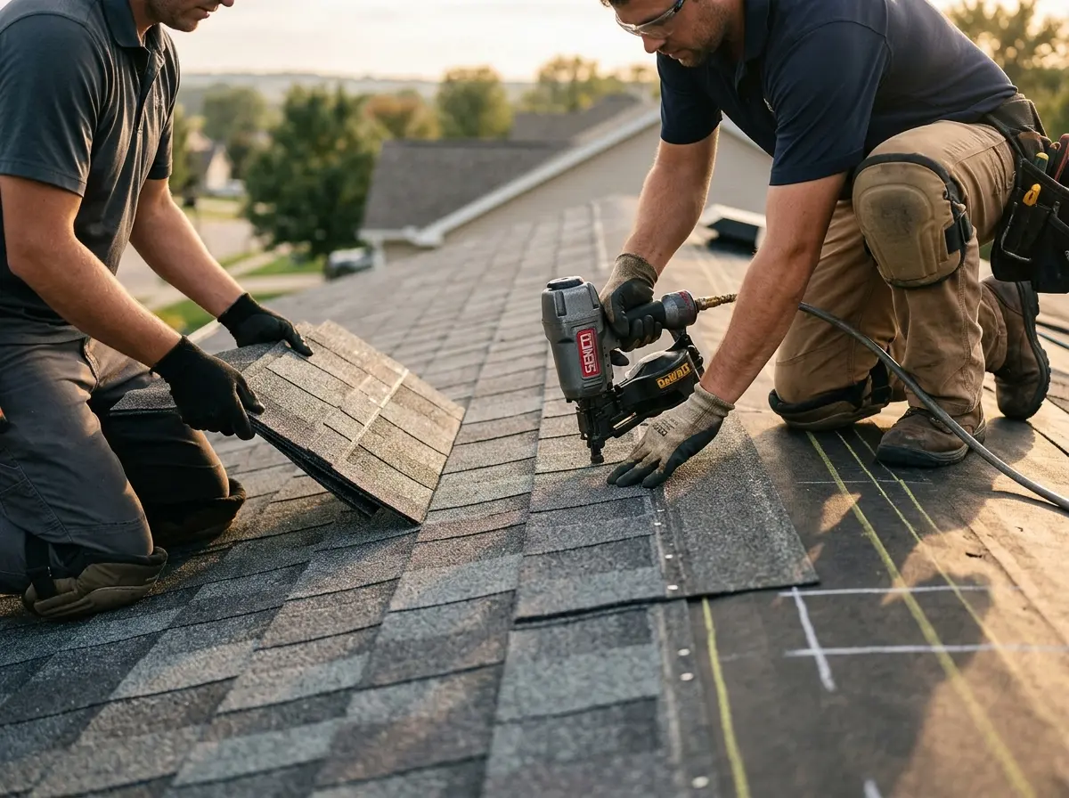 Professional roofer working on a residential roof in Perrysburg
